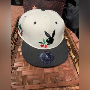 PLAYBOY White and Black Snapback Cap with Green and Red Embroidered Logo